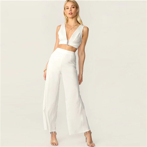 SHEIN Plunging Neck Top And High Waist Palazzo Pants Set White Solid Sexy Sleeveless 2 Piece Set Women Deep V Neck Set