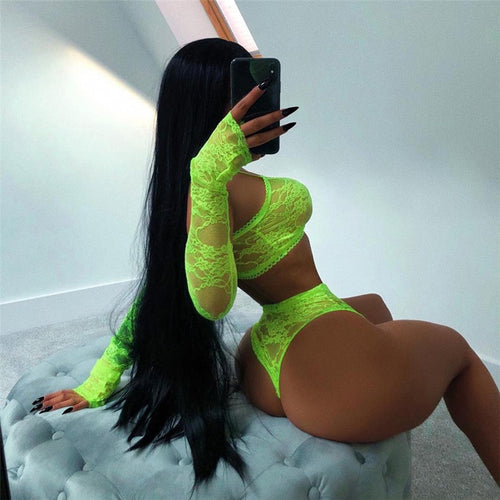 BKLD Sexy See-through Floral Lace Outfits Women Neon Green Two Piece Matching Sets Off Shoulder Long Sleeve Crop Tops And Shorts
