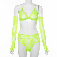 Load image into Gallery viewer, BKLD Sexy See-through Floral Lace Outfits Women Neon Green Two Piece Matching Sets Off Shoulder Long Sleeve Crop Tops And Shorts