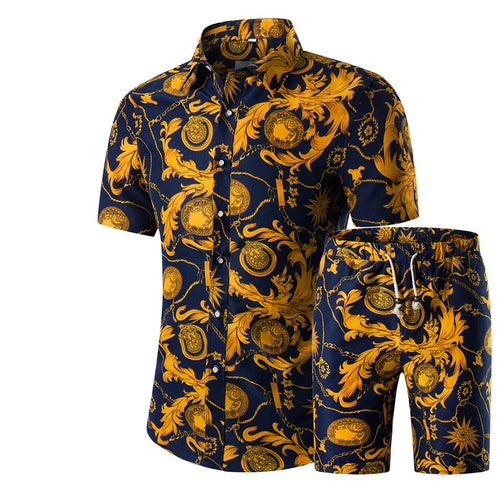 New Fashion Men Shirts+Shorts Set Summer Casual Printed Shirt Homme Short Male Printing Dress Suit Sets Plus Size 5XL