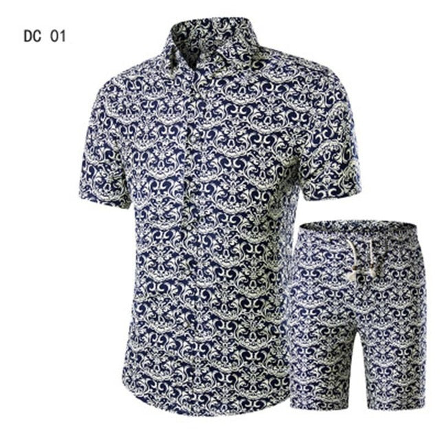 New Fashion Men Shirts+Shorts Set Summer Casual Printed Shirt Homme Short Male Printing Dress Suit Sets Plus Size 5XL
