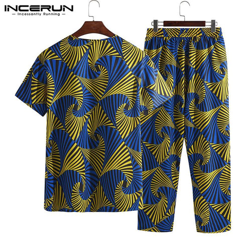 Ethnic 2019 Men African Suits INCERUN Wear Set Shirt Trousers Short Sleeve Print V Neck Tee Tops Trouser Pant Pantalon Hombre