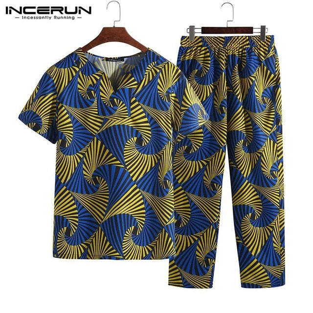 Ethnic 2019 Men African Suits INCERUN Wear Set Shirt Trousers Short Sleeve Print V Neck Tee Tops Trouser Pant Pantalon Hombre