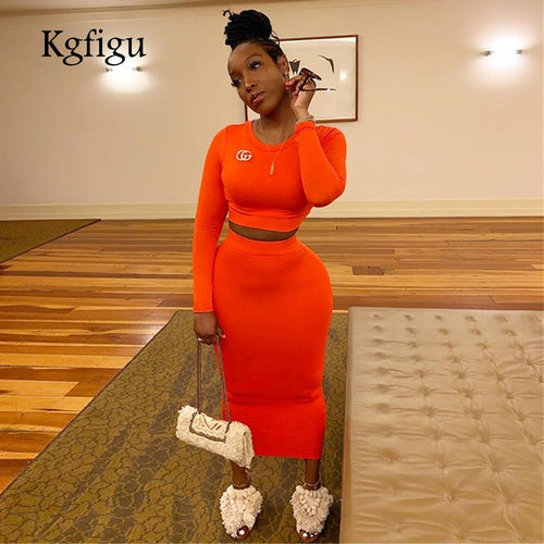 KGFIGU women sets 2019 New Arrrivals long sleeve tops and pencil skirt set women two piece outfits Neon orange matching sets