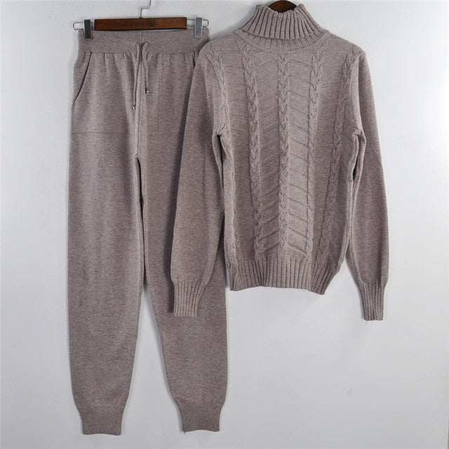 MVGIRLRU knitted suits Women turtleneck sweater Suit twist knit pullovers pants 2 piece set Spring tracksuits