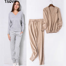 Load image into Gallery viewer, TAOVK Soft winter knitted Suit Women&#39;s Sets Streetwear V-neck Sweaters Elastic Band Pants two piece set 2 Piece Set house suit