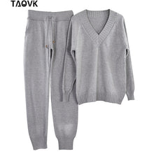 Load image into Gallery viewer, TAOVK Soft winter knitted Suit Women&#39;s Sets Streetwear V-neck Sweaters Elastic Band Pants two piece set 2 Piece Set house suit