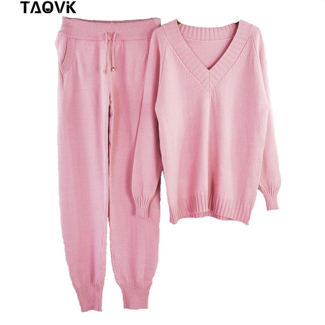 TAOVK Soft winter knitted Suit Women's Sets Streetwear V-neck Sweaters Elastic Band Pants two piece set 2 Piece Set house suit