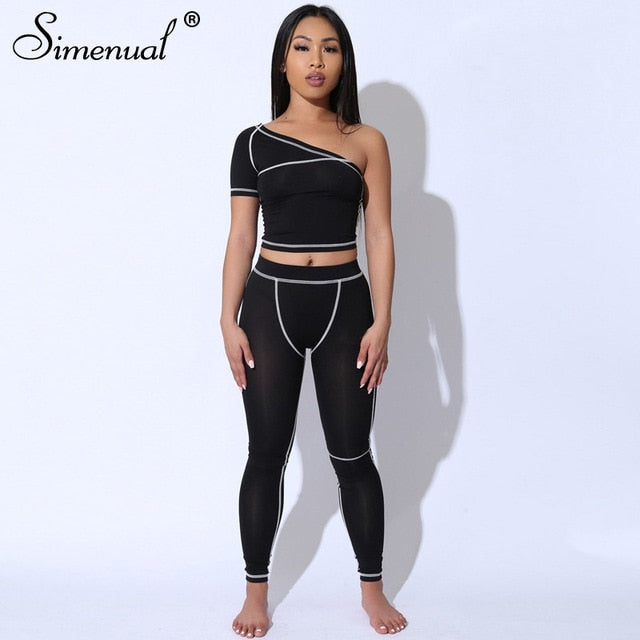 Simenual Sporty Fashion Active Wear Black Fitness Tracksuits One Shoulder 2 Piece Set Women Workout Crop Top And Leggings Sets