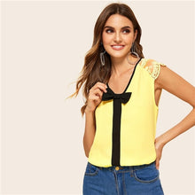 Load image into Gallery viewer, Sheinside Elegant Bow Detail V Neck Blouse Women 2019 Summer Sleeveless Lace Trim Blouses Office Ladies Workwear White Top