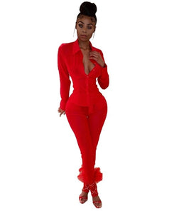 Adogirl Women Sexy Sheer Mesh Two Piece Set Long Sleeve Shirts Top + Pencil Pants Fashion Blouse Suit Night Club Party Outfits