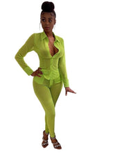 Load image into Gallery viewer, Adogirl Women Sexy Sheer Mesh Two Piece Set Long Sleeve Shirts Top + Pencil Pants Fashion Blouse Suit Night Club Party Outfits