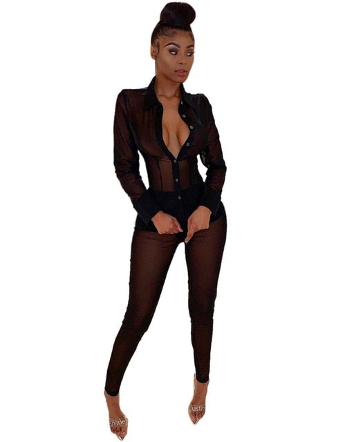 Adogirl Women Sexy Sheer Mesh Two Piece Set Long Sleeve Shirts Top + Pencil Pants Fashion Blouse Suit Night Club Party Outfits
