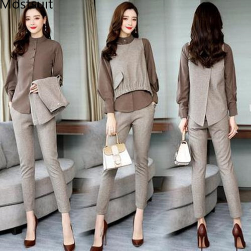 Spring Office 3 Piece Sets Women Long Sleeve Blouse+vest+pants Sets Suits Casual Korean Elegant Ladies Women's Sets Femme 2019