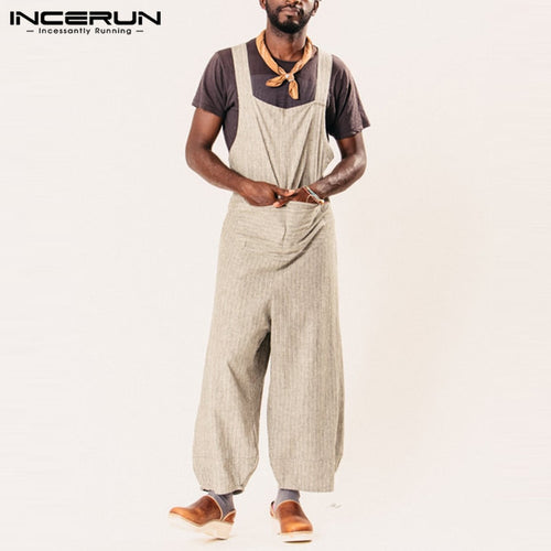 Brand Plain Fashion Men Jumpsuit Rompers Stripe Wide Leg Pants Baggy Dungarees Overalls Pants Hombre Overalls Casual Jumpsuits