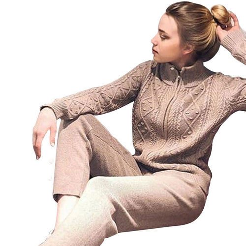 MVGIRLRU soft Women's wool Sets female thick warm Knitted suit twisted knit zipper cardigan pant 2 piece outfits Tracksuit woman