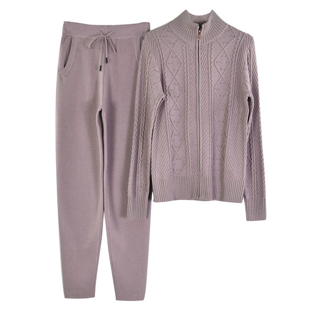 MVGIRLRU soft Women's wool Sets female thick warm Knitted suit twisted knit zipper cardigan pant 2 piece outfits Tracksuit woman
