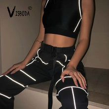 Load image into Gallery viewer, Women 2 Piece Tracksuit Reflective Cropped Top Loose Pants Sets Fashion Female Shine Black Tank Top And Trouser Chandal Mujer