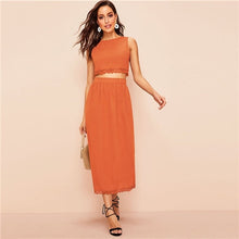 Load image into Gallery viewer, SHEIN Elegant Brown Buttoned Back Lace Trim Crop Top and Long Skirt Set Women Spring Summer 2019 Sleeveless Fitted Two Piece Set