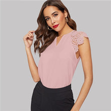 Load image into Gallery viewer, Sheinside Elegant White Hollowed Out Guipure Lace Sleeve Blouse Women 2019 Summer Solid V Neck Minimalist Raglan Sleeve Blouses