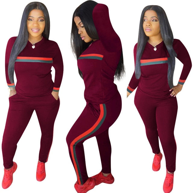 Stripe Tracksuits 2 Set Piece Set Woman Tops Sweatshirt Long Pants Pockets Club Suits Overalls Outfit
