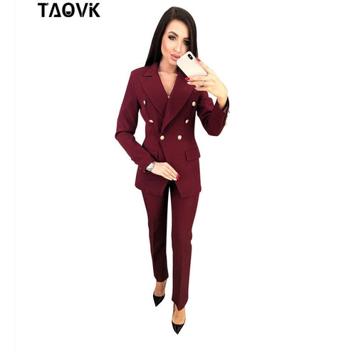 TAOVK OL Pant Suits Double-breasted Turn-down Collar Blazer top+Pants 2 piece outfits for women Feminine clothes pantsuit 2019