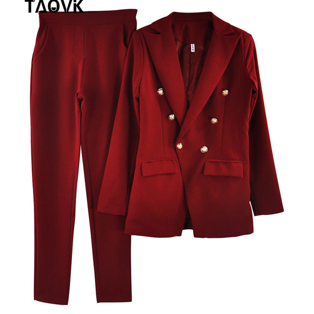 TAOVK OL Pant Suits Double-breasted Turn-down Collar Blazer top+Pants 2 piece outfits for women Feminine clothes pantsuit 2019