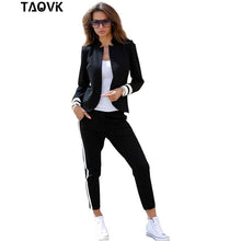 Load image into Gallery viewer, TAOVK women 2 two Piece Set suits Long sleeve stand-up collar buttonless Black and white tracksuit