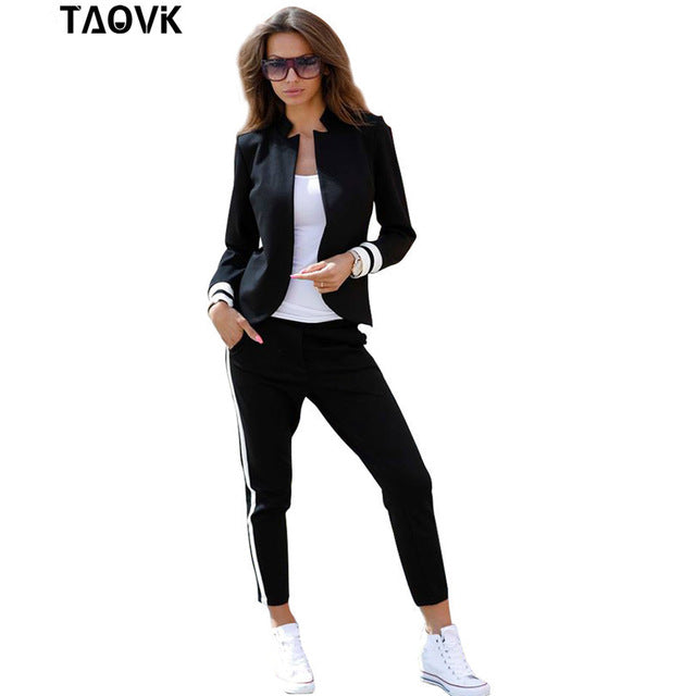 TAOVK women 2 two Piece Set suits Long sleeve stand-up collar buttonless Black and white tracksuit