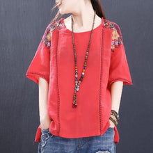 Load image into Gallery viewer, Ethnic Literary Embroidery Plus size Blouse Women O neck Loose Summer Tops 95% Cotton Short sleeve Tees Ladies Clothes