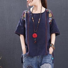 Load image into Gallery viewer, Ethnic Literary Embroidery Plus size Blouse Women O neck Loose Summer Tops 95% Cotton Short sleeve Tees Ladies Clothes