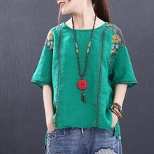 Load image into Gallery viewer, Ethnic Literary Embroidery Plus size Blouse Women O neck Loose Summer Tops 95% Cotton Short sleeve Tees Ladies Clothes