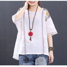 Load image into Gallery viewer, Ethnic Literary Embroidery Plus size Blouse Women O neck Loose Summer Tops 95% Cotton Short sleeve Tees Ladies Clothes
