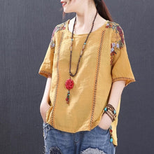 Load image into Gallery viewer, Ethnic Literary Embroidery Plus size Blouse Women O neck Loose Summer Tops 95% Cotton Short sleeve Tees Ladies Clothes