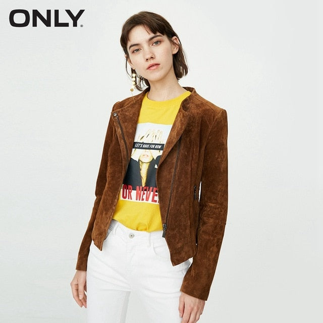 ONLY  Women's Slim Fit Cinched Waist Suede Leather Jacket |118310516