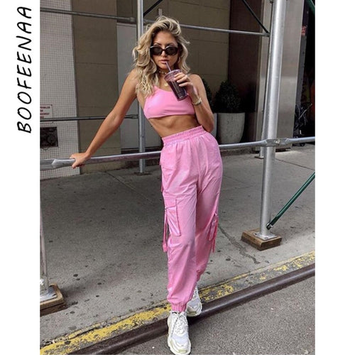 BOOFEENAA Pink Sexy Two Piece Set Crop Top and Cargo Pants Suits Streetwear Tracksuit Women Summer Clothes Matching Sets C68AE64