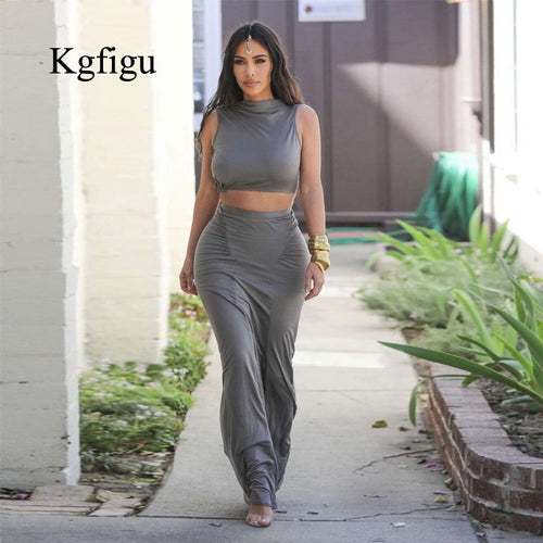 KGFIGU kim kardashian gray outfits women tank tops and long skirts sets 2019 Summer 2 piece outfits two piece skirt set