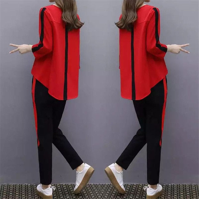 Plus Size Large L- 4XL Outfit Tracksuit Sportswear Co-ord Set for Women 2019 Top and Pants Ruffles Striped Clothing