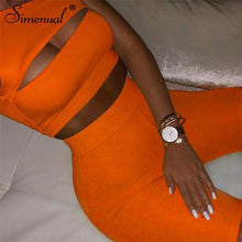 Load image into Gallery viewer, Simenual Neon Color Women Two Piece Set One Shoulder Casual Tracksuits Cut Out Crop Top And Biker Shorts Sets Sporty Active Wear