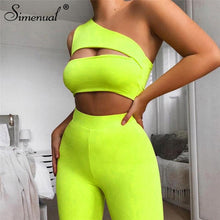 Load image into Gallery viewer, Simenual Neon Color Women Two Piece Set One Shoulder Casual Tracksuits Cut Out Crop Top And Biker Shorts Sets Sporty Active Wear