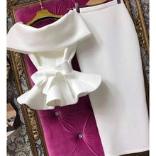 Load image into Gallery viewer, New Women Short Sleeve Ruffle Hem Shirts Bow 2 Piece Set Solid Lace Up Off Shoulder Tops and Bodycon Skirt Sexy Club Party Suits