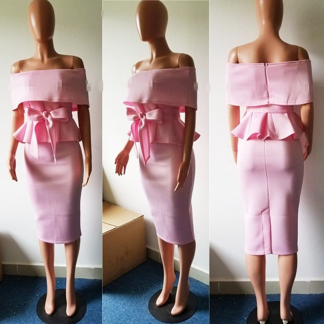 New Women Short Sleeve Ruffle Hem Shirts Bow 2 Piece Set Solid Lace Up Off Shoulder Tops and Bodycon Skirt Sexy Club Party Suits