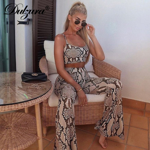 Dulzura snake print sleeveless crop tank top high waist flare pants bell-bottom trousers 2019 sexy women clothes 2 pieces set
