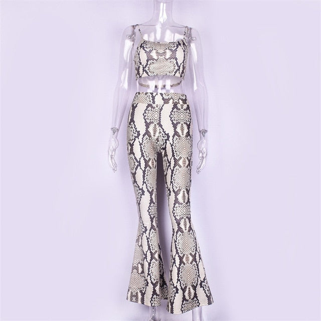 Dulzura snake print sleeveless crop tank top high waist flare pants bell-bottom trousers 2019 sexy women clothes 2 pieces set