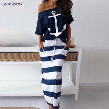 Load image into Gallery viewer, Women Two Piece Sets Boat Anchor Print T-Shirt &amp; Striped Skirt Sets Ankle-Length Fashion Street Wear Casual Maxi Striped Skirts
