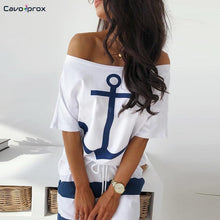 Load image into Gallery viewer, Women Two Piece Sets Boat Anchor Print T-Shirt &amp; Striped Skirt Sets Ankle-Length Fashion Street Wear Casual Maxi Striped Skirts