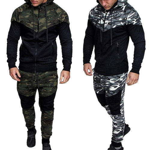 Litthing Men Set Camouflage Print Jacket+Pants 2PCS Male Casual Tracksuit Sportwear Hoodies Sweatshirt &Pant Suit Plus Size 3XL