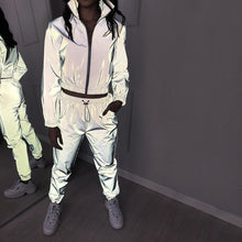 Load image into Gallery viewer, Women Tracksuits 2 Piece Set Reflective Crop Top Pants Fashion 2019 Ladies Loose Zipper Shine Jacket Coat Trouser Suit Plus Size