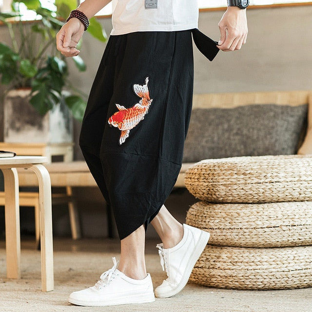 Sinicism Store Mens 2019 New Beach Pants Male Summer Casual Calf-Length Pants Man Carp Embroidery Baggy Loose Trousers