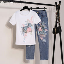 Load image into Gallery viewer, Women Embroidery Sequins 3D Flower Short Sleeve Cotton Tshirt + Hole Jeans Two Piece Pant Denim Set